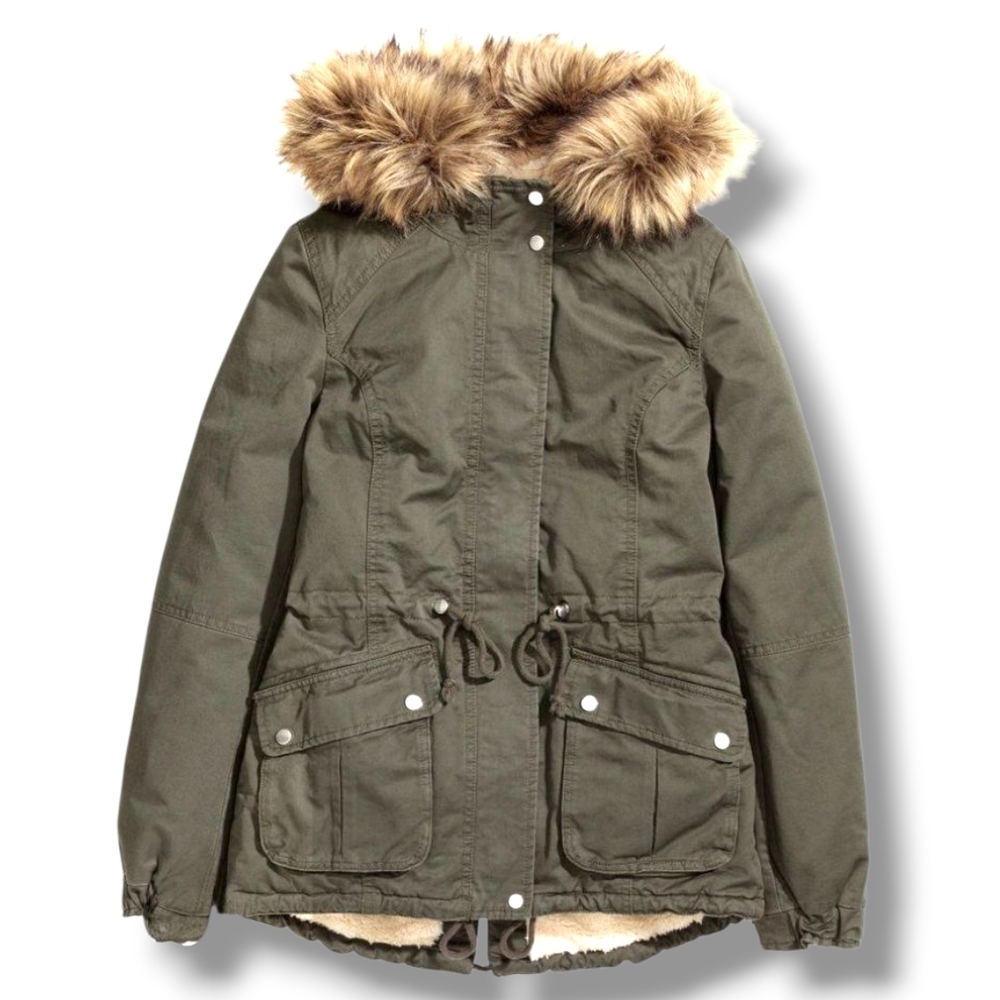 H&M Divided Army Green Faux Fur Parka Size 4 - Picture 2 of 14